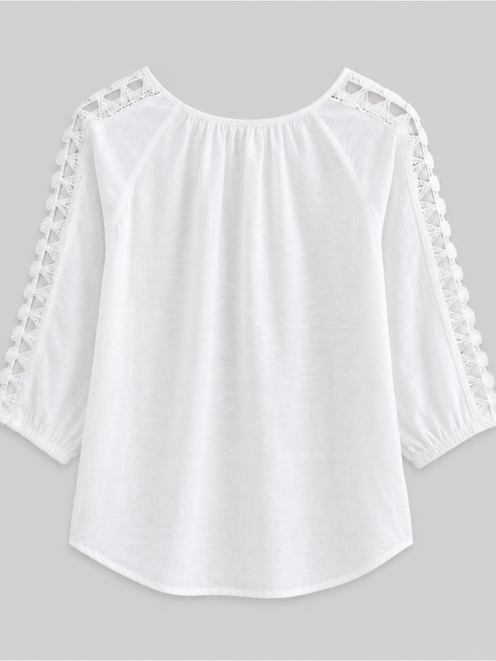 Fyve White Lace Trim Boho Blouse XL | Crochet Tie-Front Peasant Top | 3/4 Sleeve